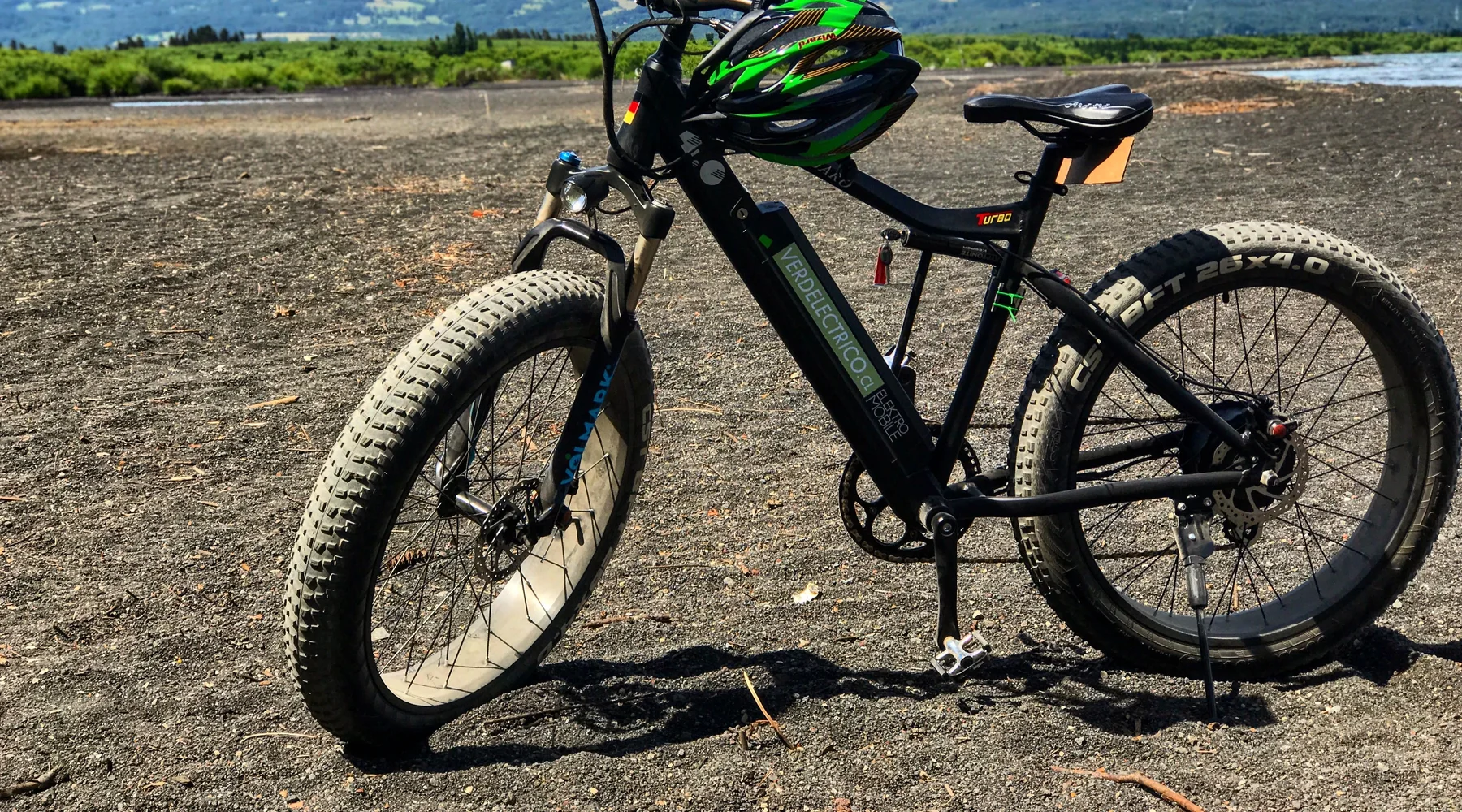 Electric mountain bike in volcanic terrain